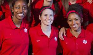 Diana Matheson is flanked by teammates Robyn Gayle and Desiree Scott. PHOTO: BOB FRID/CANADA SOCCER