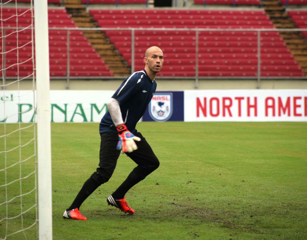 Canadian keeper Lars Hirschfeld trains at Estadio Rommel Fernandez in Panama City. You can clearly see the NASL signage in the background. PHOTO: CANADA SOCCER